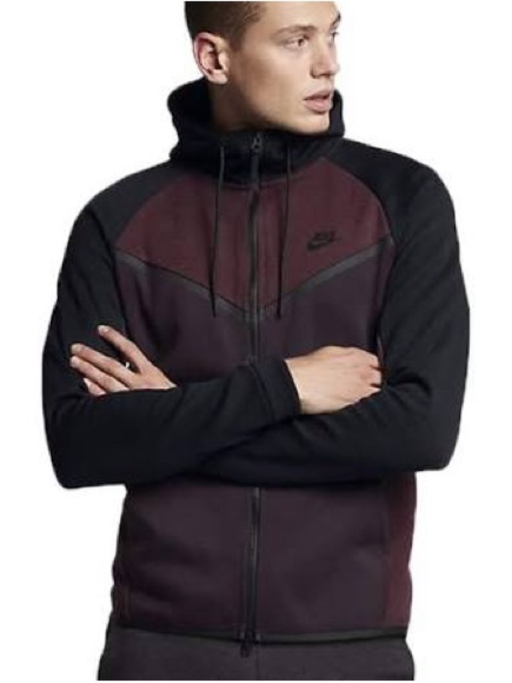 Nike Men's Black & Dark Burgundy Full-Zip Hooded Jacket tech Fleece
